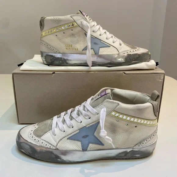 Golden Goose Mid Star Sneaker White Leather/Ice/Blue/Yellow/Metallic sz 38 NIB - Picture 4 of 14